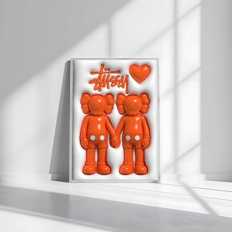 May include: Orange artwork featuring two stylized figures holding hands, with a heart and the word "Stussy" in orange. The figures have white dots on their chests and are set against a white background within a white frame.