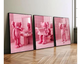 Set of 3 Pink KAWS Style Bathroom Wall Art, Shower & Washroom Decor, Hypebeast Graffiti Prints, Modern Bath Poster, Digital Download