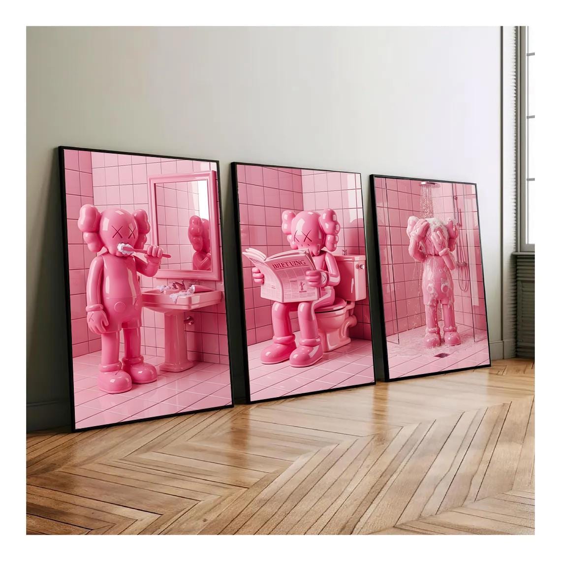 Pink KAWS Bathroom Wall Art Set of 3 ,KAWS Shower Art, Washroom