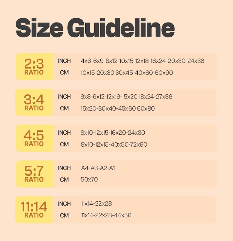 May include: A size guideline chart with the title "Size Guideline" in bold, dark text. The chart lists various aspect ratios (2:3, 3:4, 4:5, 5:7, 11:14) with corresponding inch and centimeter measurements for print sizes, such as 4x6 inches and 10x15 cm.