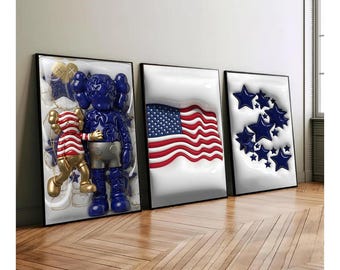 KAWS Inspired 4th of July Wall Art,American Independence Day Poster,USA Flag Patriotic Decor, Hypebeast Street Art Print,Modern Pop Art