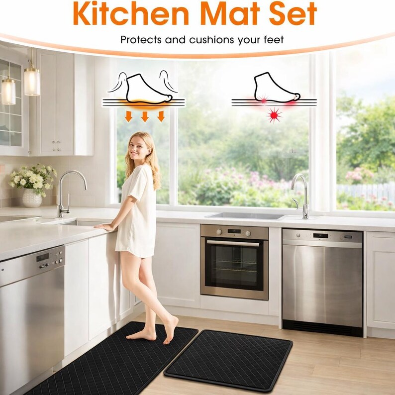Anti Fatigue Kitchen Mats Set of 2, Cushioned Non Slip Waterproof Floor ...