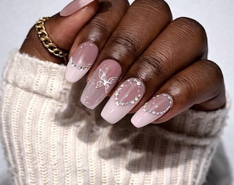 Pink Press On Nails For Dark Skin Coffin Nails Rhinestone Nails Nude Pink Nails Elegant Nails Handmade Reusable Fake Nails Gift For Her