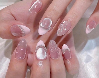 Pink Bow Press On Nails Almond Shape, Glossy Nude Jelly Nails with Silver Chrome and Rhinestone Detail, Cute Handmade Reusable Nail Set