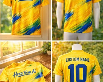 Brasilien Fan Jersey Benutzerdefinierte Namensnummer, Hexa Vem Ai Shirt, personalisierte Fußball Shirt Gelb Grün, Fußballfan Jersey für Männer Frauen Kinder