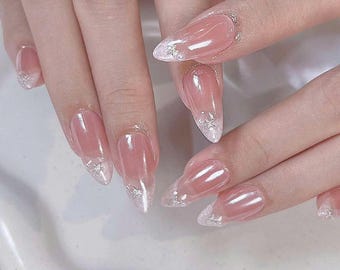 Nude Pink Almond Press On Nails Glossy Finish with Rhinestone Detail, Elegant Bridal Handmade Reusable Nails