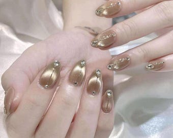 Luxury Gold Chrome Press On Nails Almond Shape, Glossy Minimal Nude Nail Set