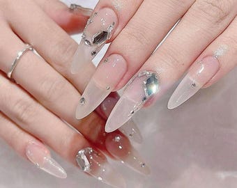 Glossy Nude Press On Nails Almond Shape, Rhinestone Accent Glam Nails, Elegant Handmade Reusable Nail Set