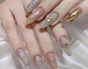 Celestial Star Almond Press On Nails Gold Chrome Nude Luxury Nail Set