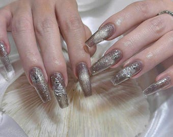 Gold Chrome Press On Nails Long Coffin Nails Luxury Glitter Nails Wedding Nails Handmade Press Ons Reusable Fake Nails Gift For Her