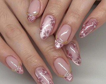 Pink Floral Press On Nails, Rose Chrome Nails, Elegant Almond Nails, Soft Glam Nails, Feminine Luxury Nails, Bridal Press On, Reusable Set