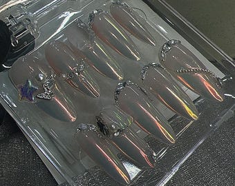 Glass Chrome Press On Nails, Nude Chrome Nails, Rhinestone Outline Nails, Almond Nails, Luxury Minimal Nails, Glossy Press On