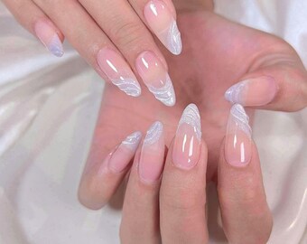 Nude Swirl Press On Nails Almond Shape, Glossy Pink Nails with White Marble French Tip, Elegant Bridal Handmade Reusable Nail Set