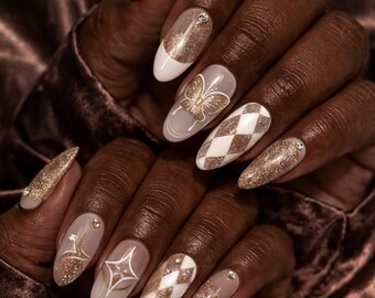 Gold Press On Nails For Dark Skin Almond Nails Nude Gold Nails Luxury Nails Glitter Nails Handmade Reusable Fake Nails Gift For Her