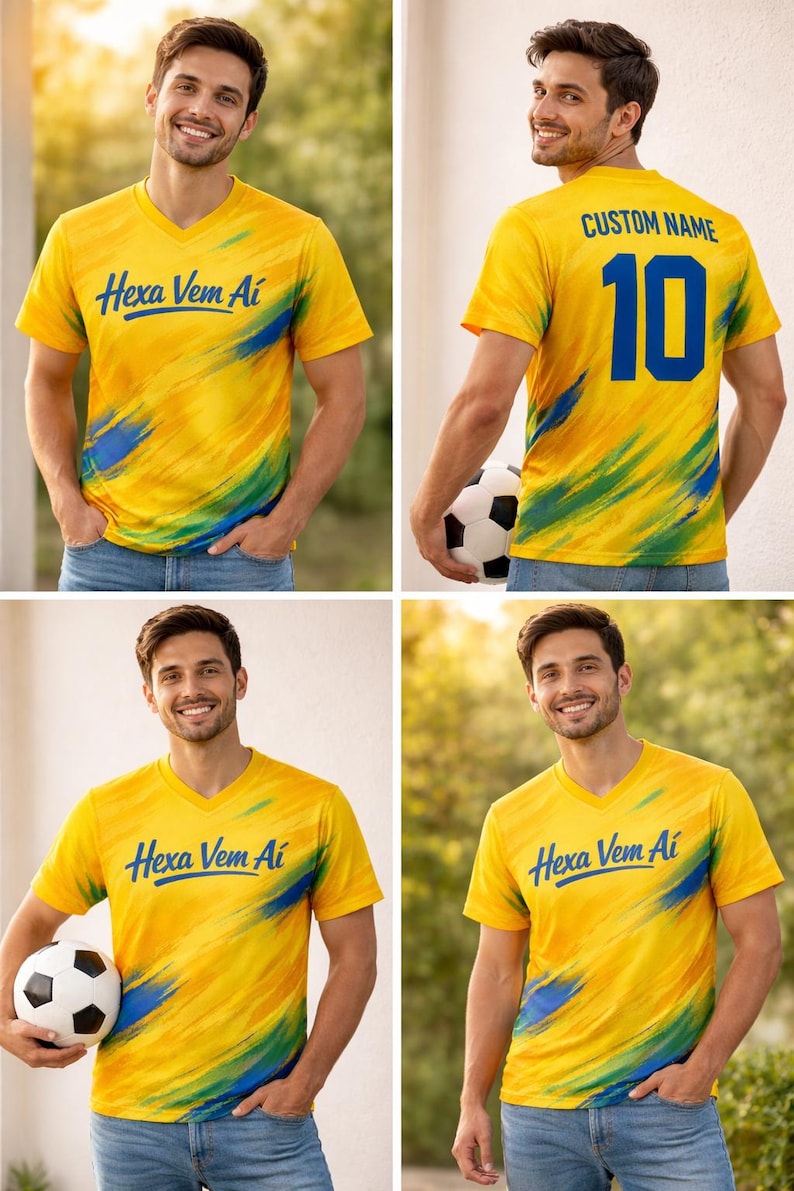 Może przedstawiać: Ż&oacute;łta koszulka piłkarska z niebieskim i zielonym wzorem pociągnięć pędzla. Z przodu widnieje napis "Hexa Vem A&iacute;" w kolorze niebieskim. Z tyłu znajduje się numer 10 i napis "CUSTOM NAME" w kolorze niebieskim. Koszulka jest noszona przez osobę.