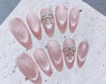 Pink Pearl Chrome Press On Nails, Bow Nails, Coquette Nails, Clean Girl Nails, Almond Luxury Nails, Bridal Press On, Glossy Reusable Set