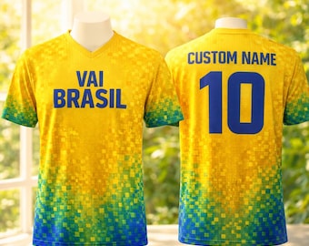 Brasilien Trikot Name Nummer 10, Vai Brasil Fan Shirt, personalisiertes Fußball-Shirt, Brasilien Fan Geschenk, Spieltag Outfit