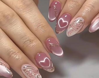 Rosa Herz Schmetterling Drücken Sie auf die Nägel, Chrom-Mandel-Nägel, Glänzende Mauve-Nagel-Set, wiederverwendbarer Kleber auf den Nägeln, handgemachte Presse auf