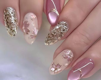 Minimal Luxury Press On Nails, Pink Chrome Floral Nails, Nude Almond Nails, Elegant Soft Glam Nails, Clean Girl Aesthetic, Reusable Nail Set
