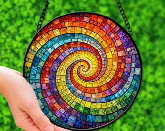 Colorful Spiral Glass Suncatcher, Mosaic Inspired Sun Catcher, Round Decorative Hanging, Art Lover Gift