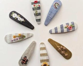 Hand Embroidered Floral Linen Hair Clip – Fabric Barrette
