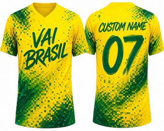 Brasilien Fan Trikot Benutzerdefinierte Name Nummer, personalisierte Fußball Shirt gelb grün, Fußballfan Shirt für Männer Frauen Kinder, Vai Brasil