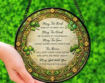 Irish Blessing Glass Suncatcher, Shamrock Window Decor, Christian Irish Gift for Home