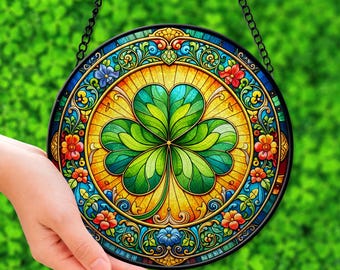 St Patrick's Day Suncatcher, Four Leaf Clover, Stained Glass Style Window Decor