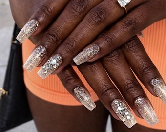 Gold Glitter Press On Nails For Dark Skin Long Coffin Nails Bling Nails Luxury Nails Rhinestone Nails Handmade Reusable Fake Nails
