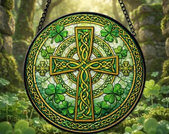 Celtic Cross Glass Window Suncatcher, Irish Shamrock Decor, St Patrick’s Day Christian Gift