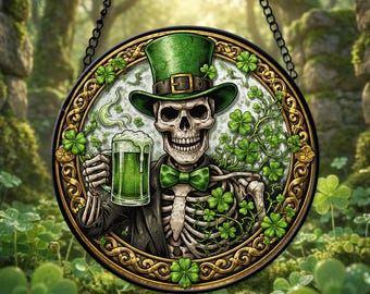 St Patrick's Day Skull Suncatcher: Leprechaun Skeleton, Shamrock Window Decor