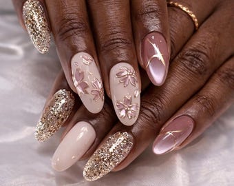 Gold Floral Press On Nails For Dark Skin Almond Nails Nude Pink Nails Luxury Nails Glitter Nails Handmade Reusable Fake Nails