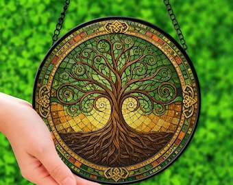 Tree of Life Suncatcher, Celtic Stained Glass Style Window Hanging