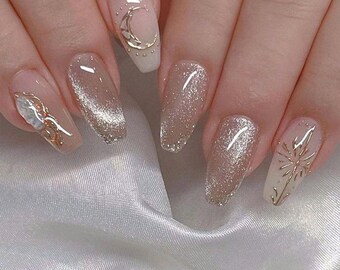 Gold Chrome French Tip Press On Nails, Minimal Luxury Nails, Nude Almond Nails, Elegant Bridal Nails, Reusable Nail Set