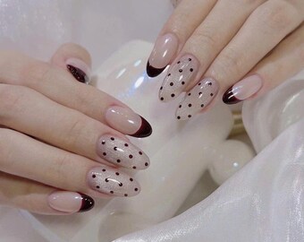 Polka Dot Press On Nails French Tip Nails Nude Almond Nails Brown Tips Cute Nails Trendy Nails Handmade Reusable Fake Nails Gift For Her