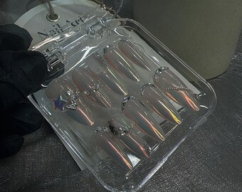 Glass Chrome Press On Nails, Nude Chrome Nails, Rhinestone Outline Nails, Almond Nails, Luxury Minimal Nails, Glossy Press On