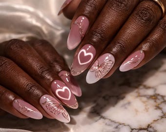 Pink Press On Nails For Dark Skin Almond Nails Heart Nails Butterfly Nails Romantic Nails Handmade Reusable Fake Nails Gift For Her