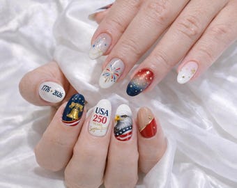 4th Of July Press On Nails USA 250 Nails Patriotic Nails American Flag Nails Independence Day Handmade Nails Gift For Her