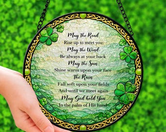 St Patrick's Day Suncatcher, Irish Blessing, Shamrock Window Decor, Celtic Stained Glass Style Art