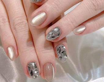 Silver Chrome Press On Nails Short Almond Rhinestone Nails Luxury Glitter Nails Wedding Nails Handmade Reusable Fake Nails Gift For Her