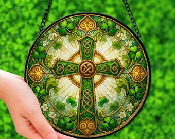 St Patrick's Day Suncatcher: Irish Celtic Cross, Shamrock Window Decor