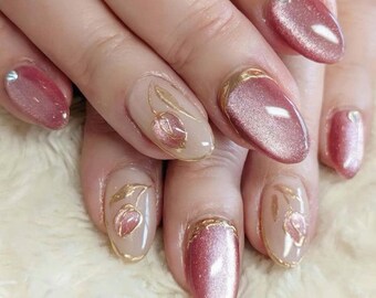 Pink Chrome Press On Nails, Cherry Blossom Nails, Luxury Almond Nails, Nude Floral Nails, Elegant Soft Glam Press On, Reusable Nail Set