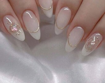 French Tip Press On Nails, White Nude Nails, Minimal Luxury Nails, Elegant Almond Nails, Bridal Press On Nails, Reusable Set
