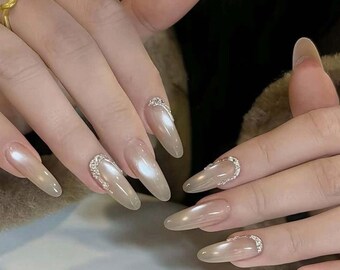 Nude Chrome Press On Nails, Beige Pearl Nails, Minimal Luxury Nails, Almond Nails, Elegant Neutral Nails, Clean Girl Nails, Bridal Press On