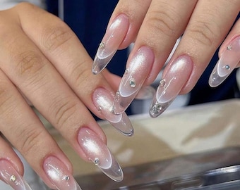 Clear Ombre Press On Nails, Pink Chrome Nails, Glass Tip Nails, Almond Nails, Clean Girl Nails, Minimal Glam Nails, Rhinestone Press On