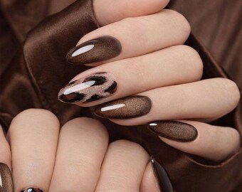 Brown Chrome Press On Nails, Leopard Print Nails, Fall Almond Nails, Cat Eye Nail Set, Trendy Dark Neutral Nails, Reusable Glue On