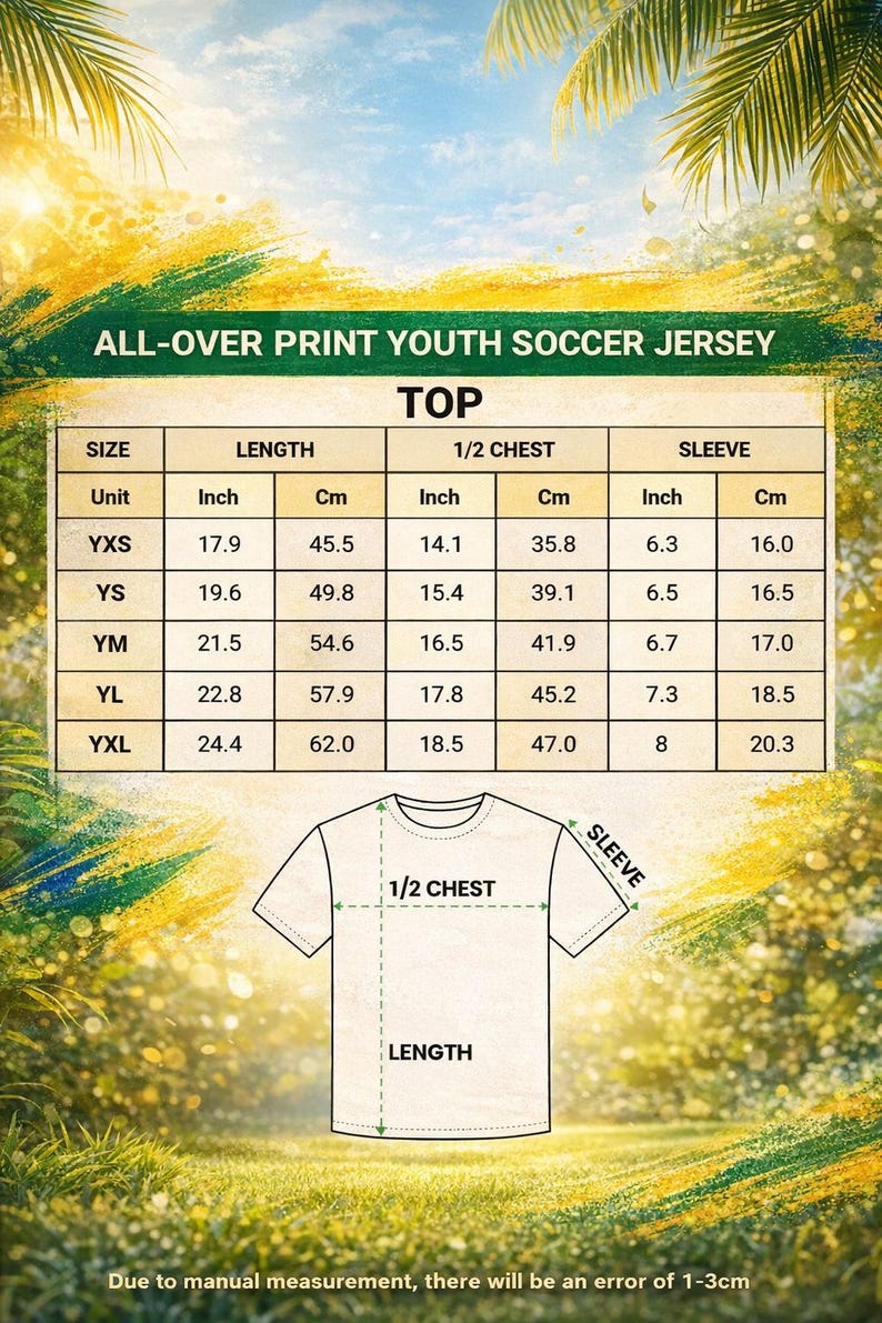 Puede incluir: Imagen de una camiseta de f&uacute;tbol juvenil con estampado integral. Incluye una tabla de tallas con medidas en pulgadas y cm para largo, medio pecho y manga. Tallas de YXS a YXL.