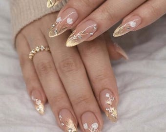 Gold French Tip Press On Nails, Bridal Luxury Nails, Nude Almond Nails, Elegant Wedding Nails, Minimal Glam Press On, Reusable Nail Set