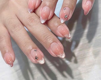 French Tip Press On Nails Nude Pink Almond Nails Glitter Tip Nails Minimal Wedding Nails Handmade Reusable Fake Nails Gift For Her