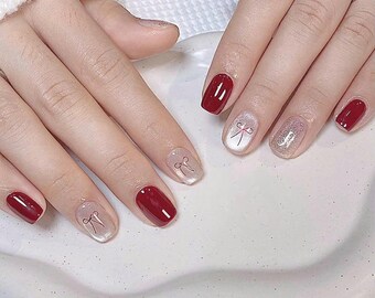 Bridal Almond Press On Nails Nude Glossy Minimal Wedding Nails, Elegant Handmade Reusable Nail Set for Bride